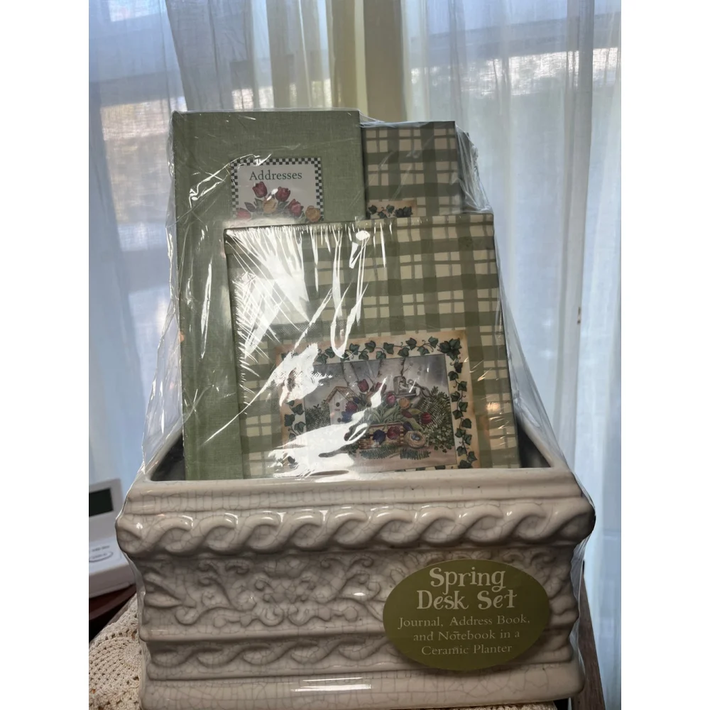 Vintage Cottagecore Desk Set w Ceramic Planter – Floral Garden Stationery Organi - Picture 2 of 6